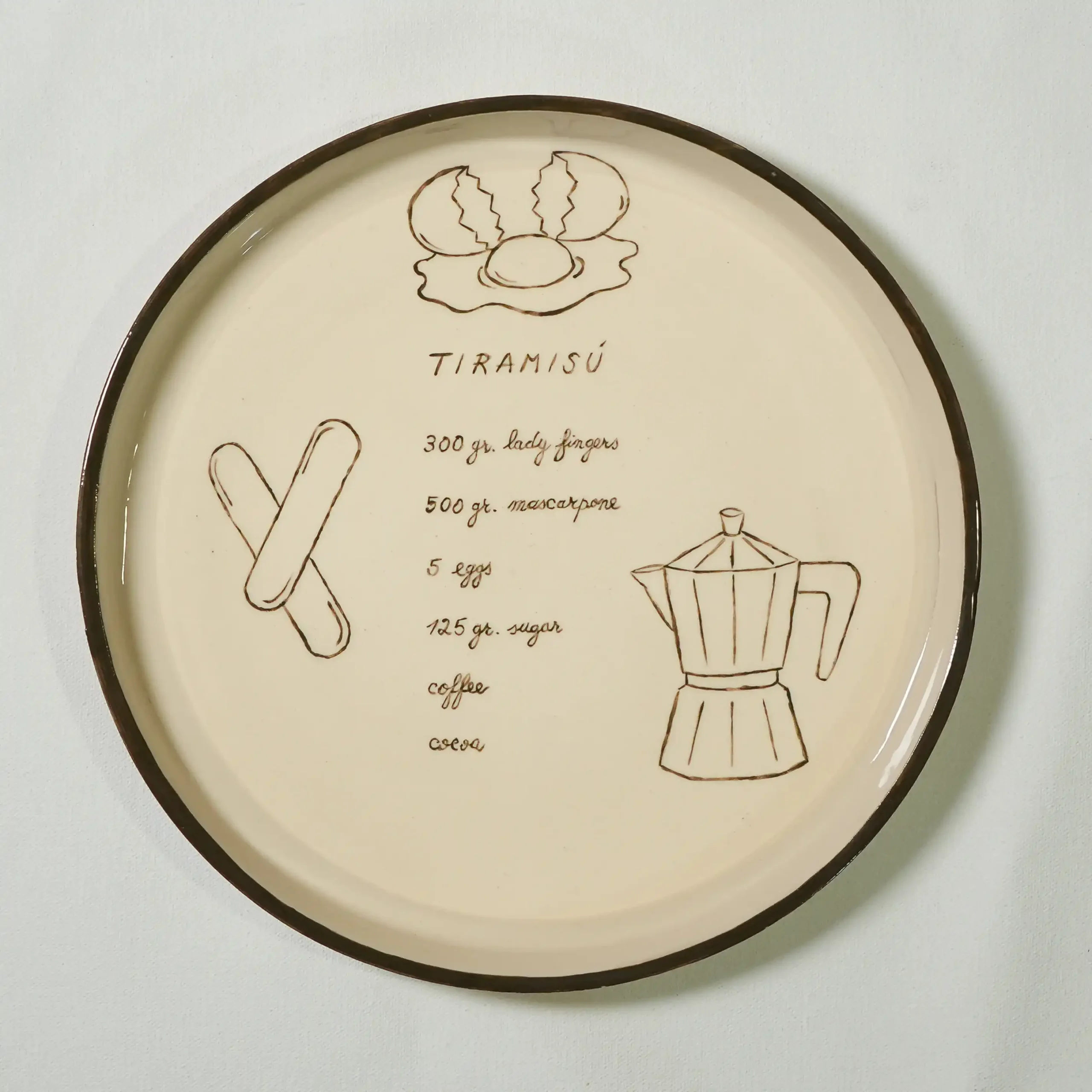 Hand-painted Tiramisù plate viewed from above, ingredients and recipe drawn by hand