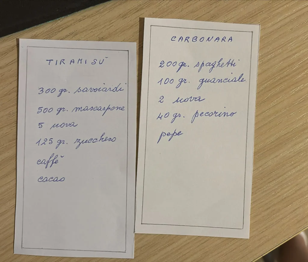 Handwritten Italian recipe cards for Tiramisù and Carbonara, the kind of handwriting painted onto a custom ceramic plate by Franci Pots
