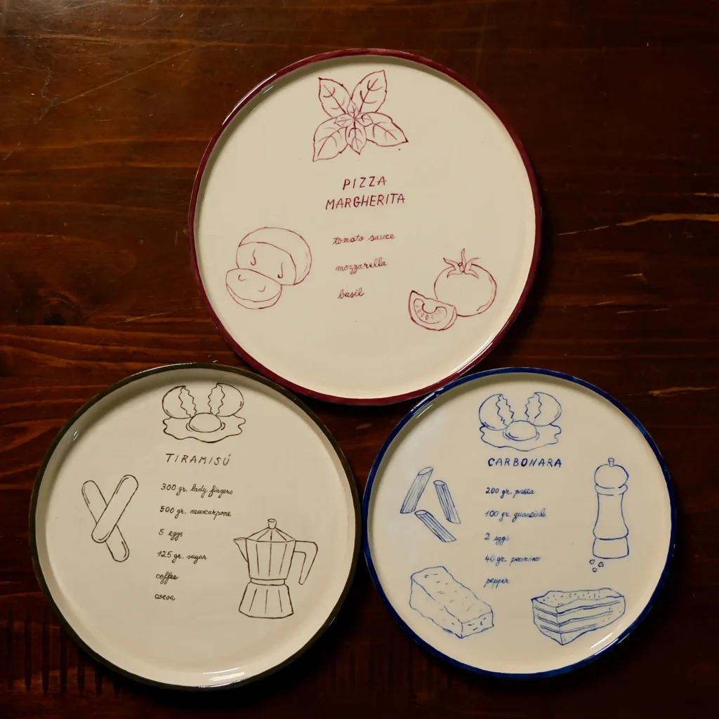 The Franci Pots collection of hand-painted Italian recipe plates: Carbonara, Margherita and Tiramisù