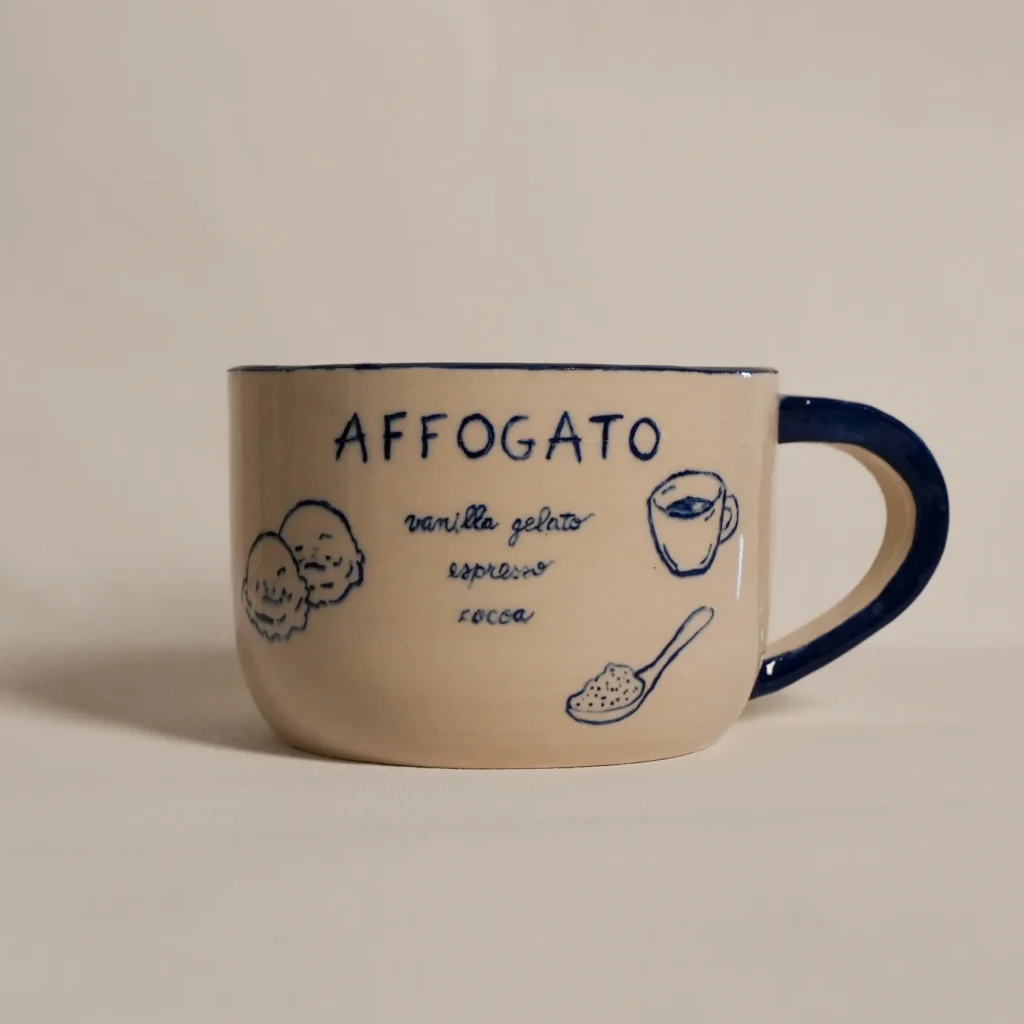 Hand-painted Affogato ceramic mug, the coffee dessert recipe drawn by hand, by Franci Pots