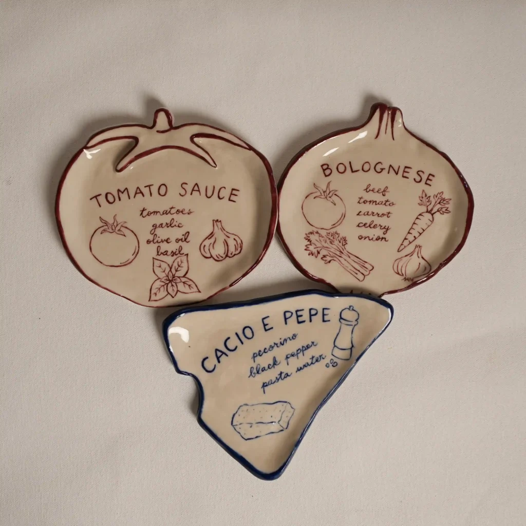 Franci Pots collection of hand-painted ceramic spoon rests: Bolognese, Cacio e Pepe and Tomato Sauce
