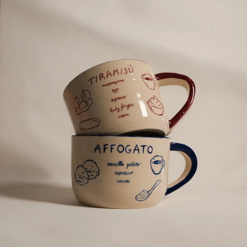 The Franci Pots collection of hand-painted ceramic mugs: Tiramisù and Affogato coffee-dessert recipes