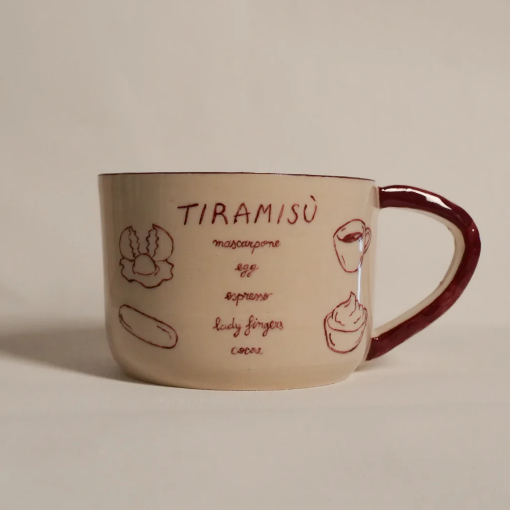 Hand-painted Tiramisù ceramic mug, the coffee dessert recipe drawn by hand, by Franci Pots
